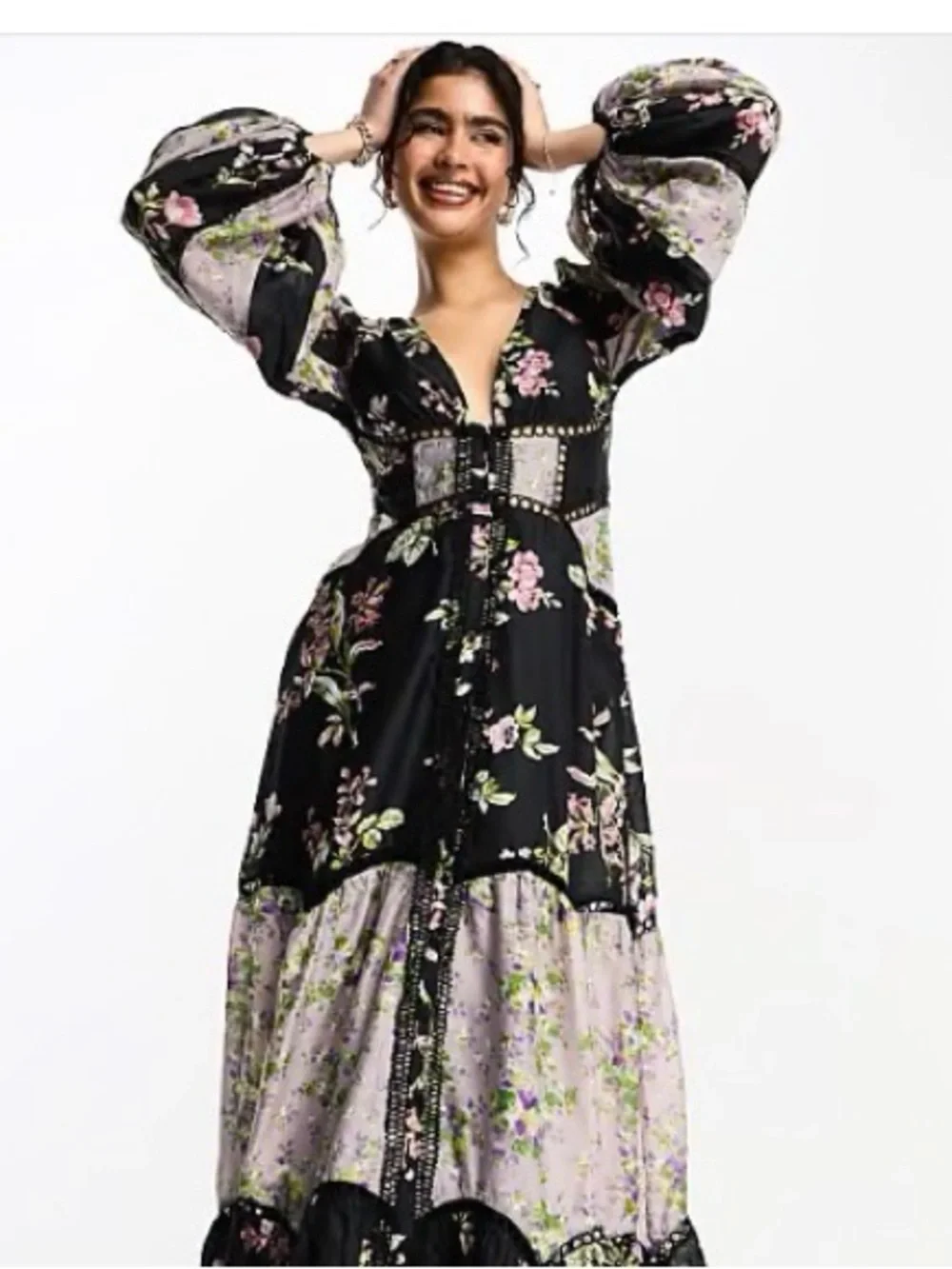 ASOS Black & Lavender Floral Puff-Sleeve Maxi Dress - Picture 1 of 13